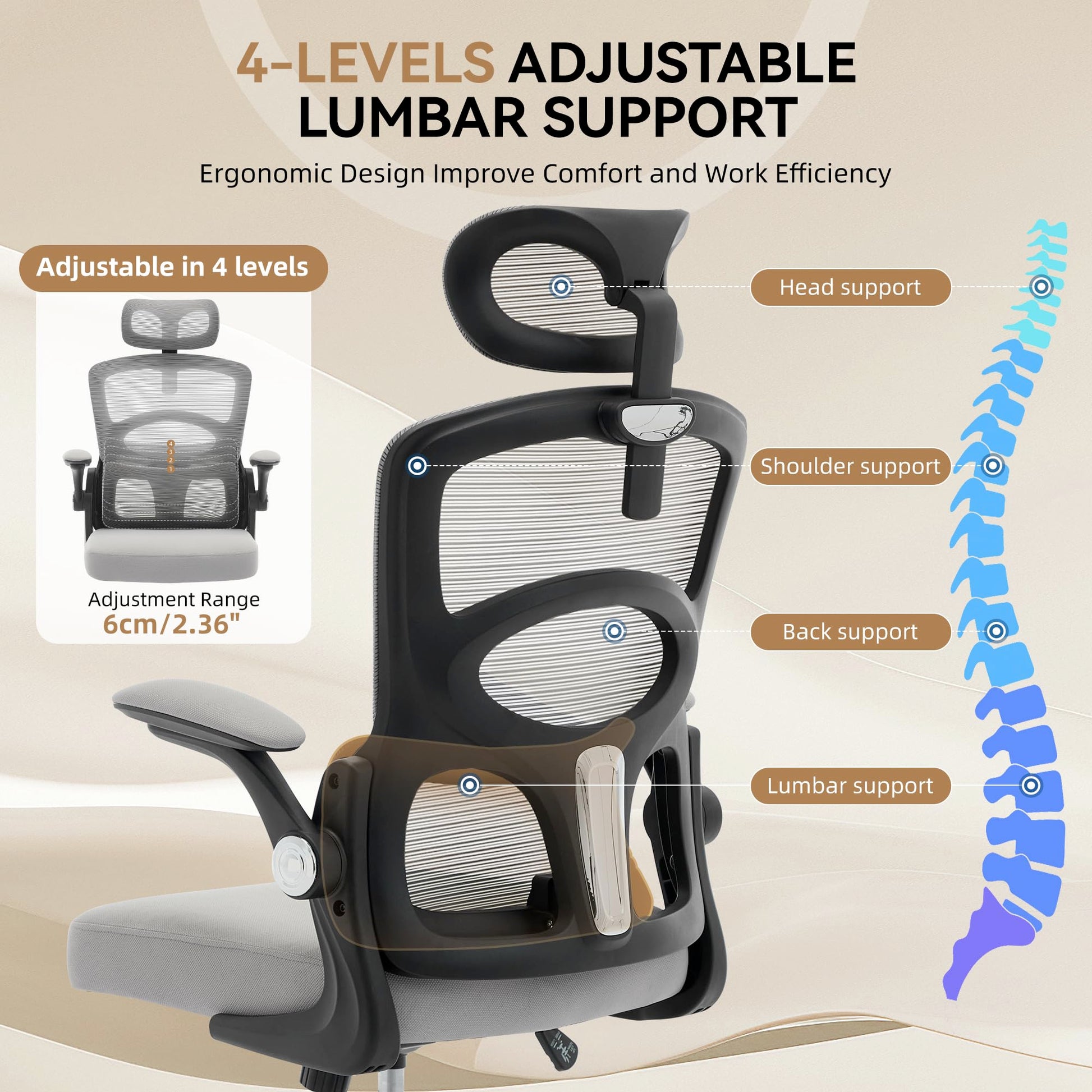 Chaise de bureau ergonomique Garvee en maille avec roulettes, appui-tête réglable pour le bureau et le gaming, noire, pivotante à 360° pour un confort optimal.