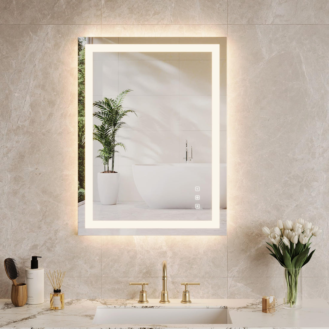 Miroir de salle de bain Garvee avec éclairage intégré 50 x 70 cm, antibuée, 3 couleurs d'éclairage, intensité réglable, miroir LED avec interrupteur tactile