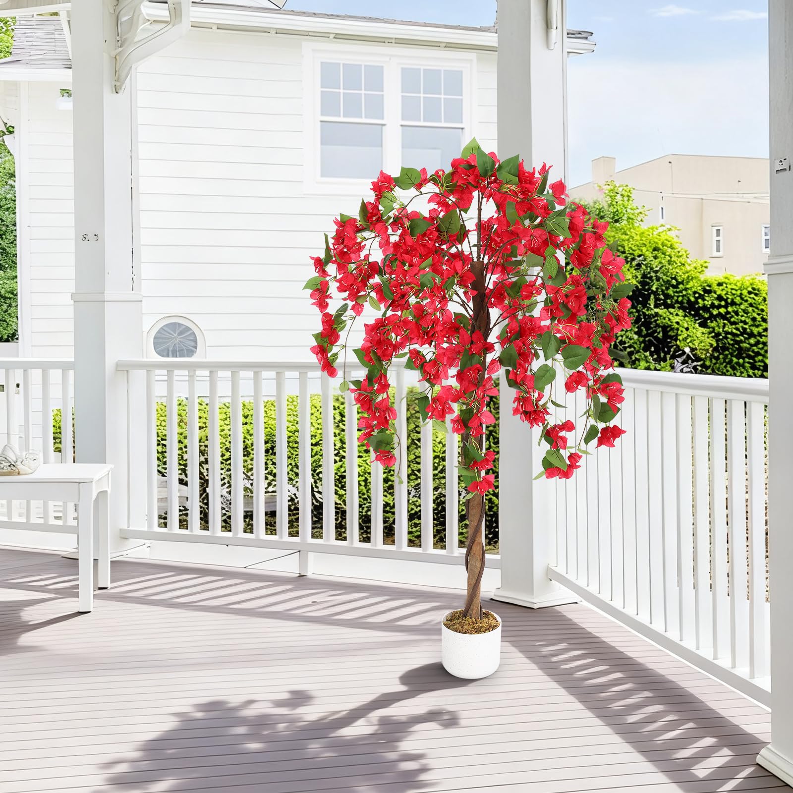 Bougainvillier artificiel Garvee de 1,20 m avec 168 fleurs rouges et tronc naturel, en polyester, facile d'entretien, stable, pot noir, pour salon et bureau