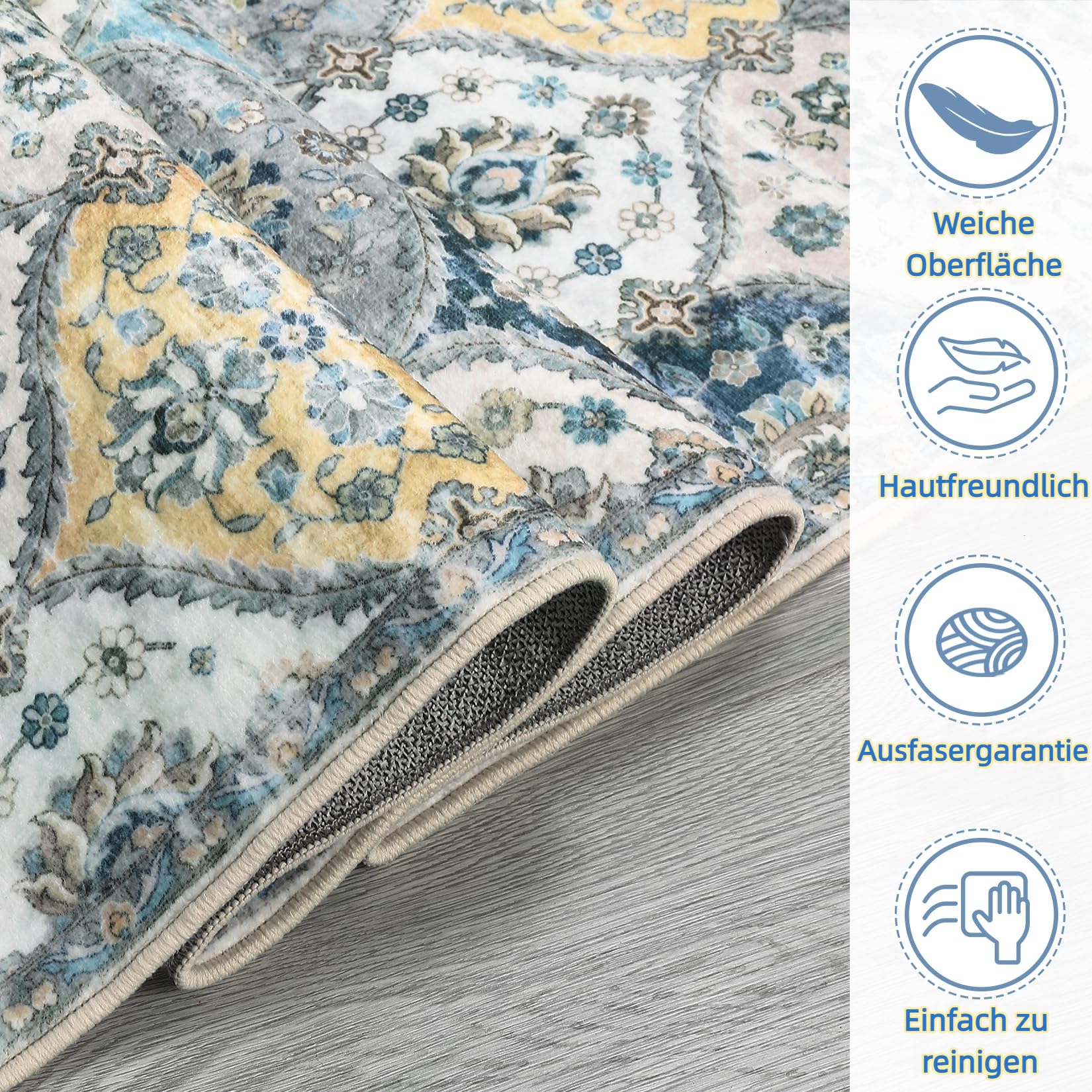 Tapis Garvee lavable vintage 120x170cm pliable à poils courts pour intérieur salon bleu jaune