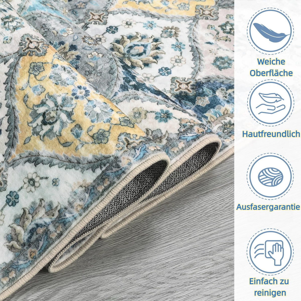 Tapis Garvee lavable vintage 160x230cm pliable à poils courts pour intérieur salon bleu jaune