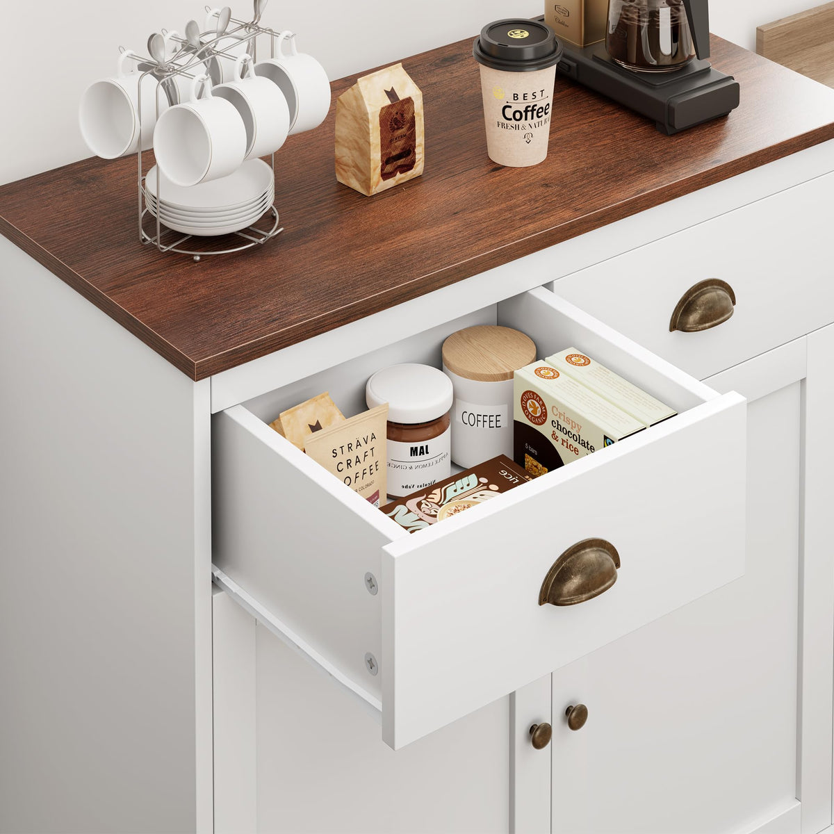 Garvee meuble bar à café, buffet moderne de style campagne avec 2 tiroirs, étagère réglable, double porte, blanc, bois, pour cuisine et salle à manger