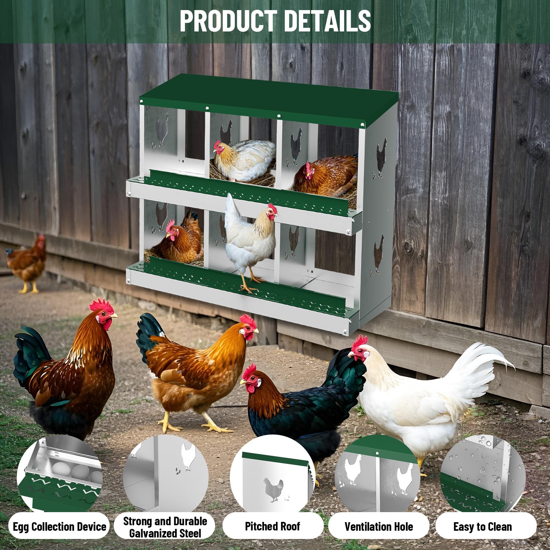 Garvee pondoir métallique pour poules à 6 compartiments, nichoir de ponte avec système de collecte des œufs par roulement, trous d’aération, vert, idéal pour poulailler et basse-cour