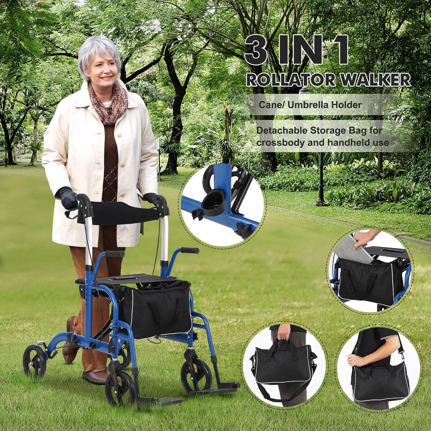 Garvee Rollator 2 en 1 pour seniors, aluminium pliable, roues anti-crevaison 25 cm, accoudoirs et repose-pieds amovibles, intérieur/extérieur, bleu et noir