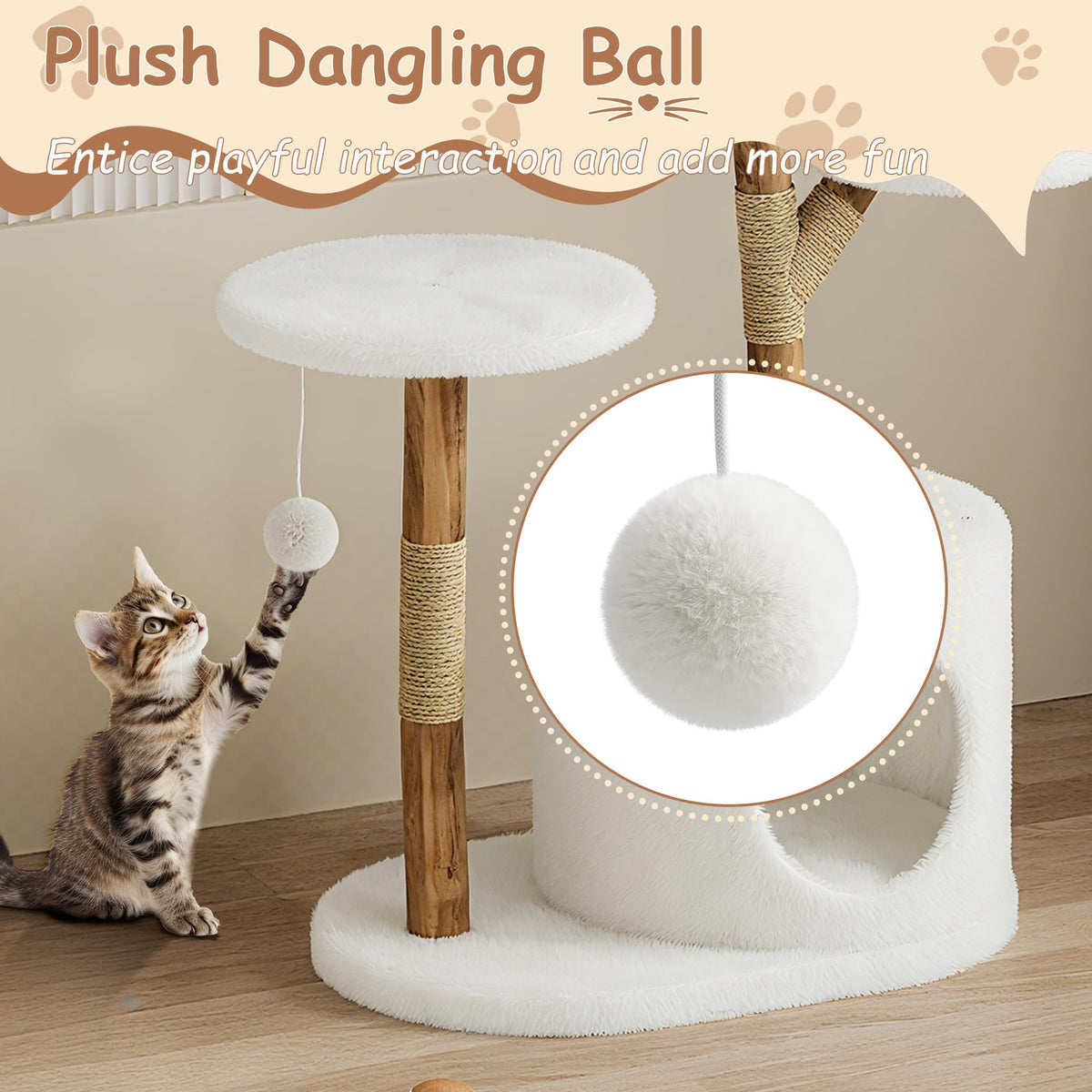 Arbre à chat Garvee 43'' en bois naturel avec panier en rotin pour salon, stable pour les grands chats, design moderne, peluche douce