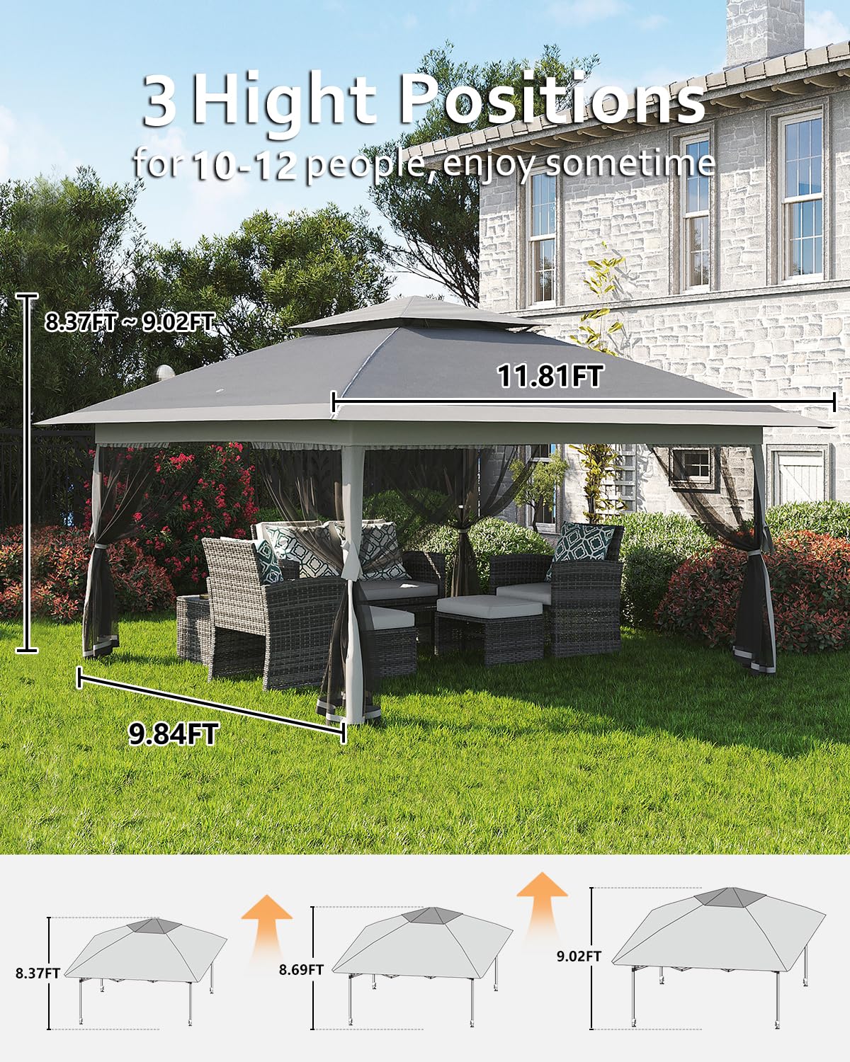 Garvee Tonnelle Pliante 3,65 × 3,65 m avec Auvent Rétractable, Moustiquaire, Structure Acier, Hauteur Réglable, Imperméable, Gris Foncé et Gris Clair