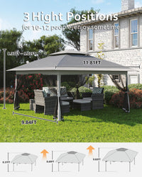 Garvee Tonnelle Pliante 3,65 × 3,65 m avec Auvent Rétractable, Moustiquaire, Structure Acier, Hauteur Réglable, Imperméable, Gris Foncé et Gris Clair