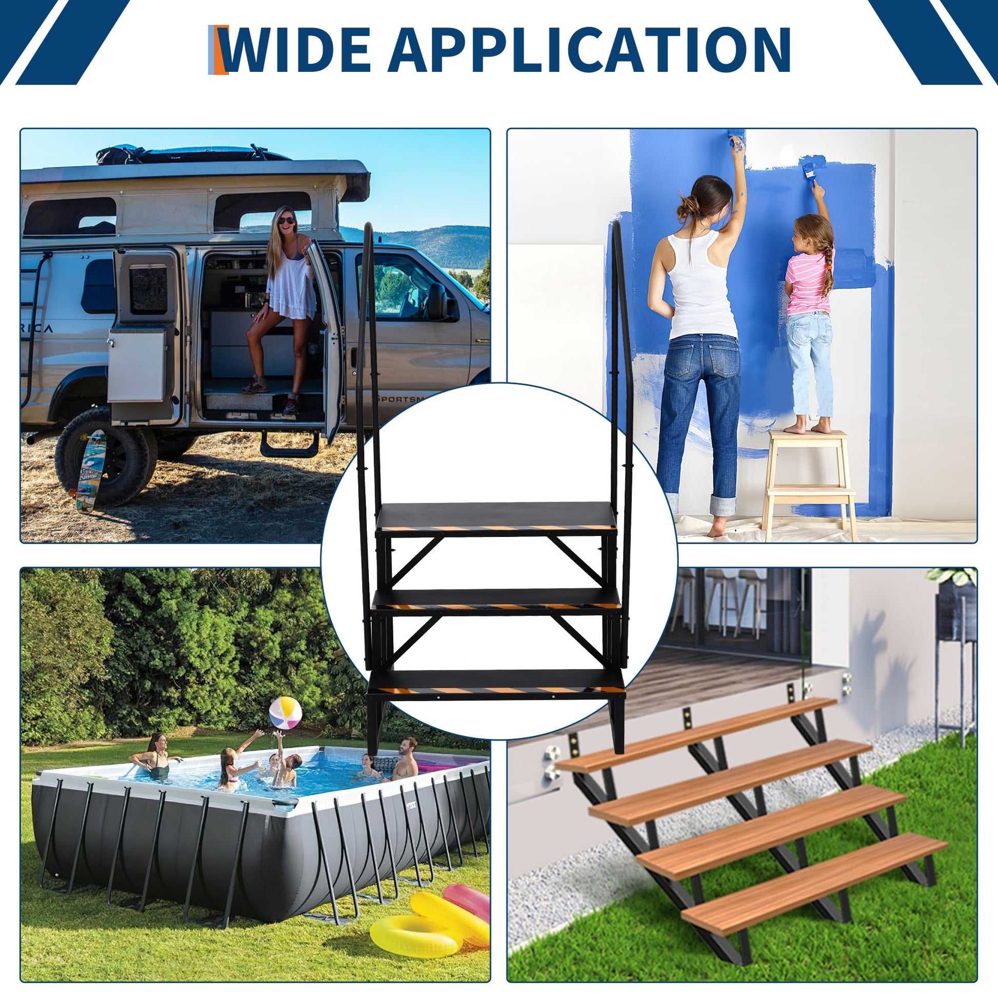 Escalier portable Garvee à 3 marches avec rampe, acier, bandes antidérapantes pour caravanes, spas, usage extérieur, noir, compact