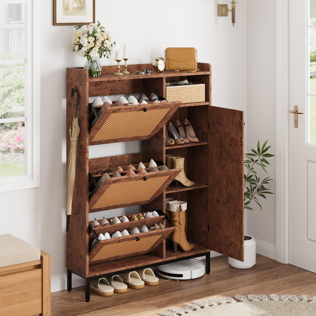 Meuble à chaussures Garvee en rotin avec 3 tiroirs pliants, étagères réglables pour entrée et couloir, pieds en métal et MDF