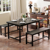 Garvee Ensemble de table à manger 3 pièces avec bancs en MDF et acier, design rustique noir, compact pour studio et appartement, 4 personnes - Noir rustique