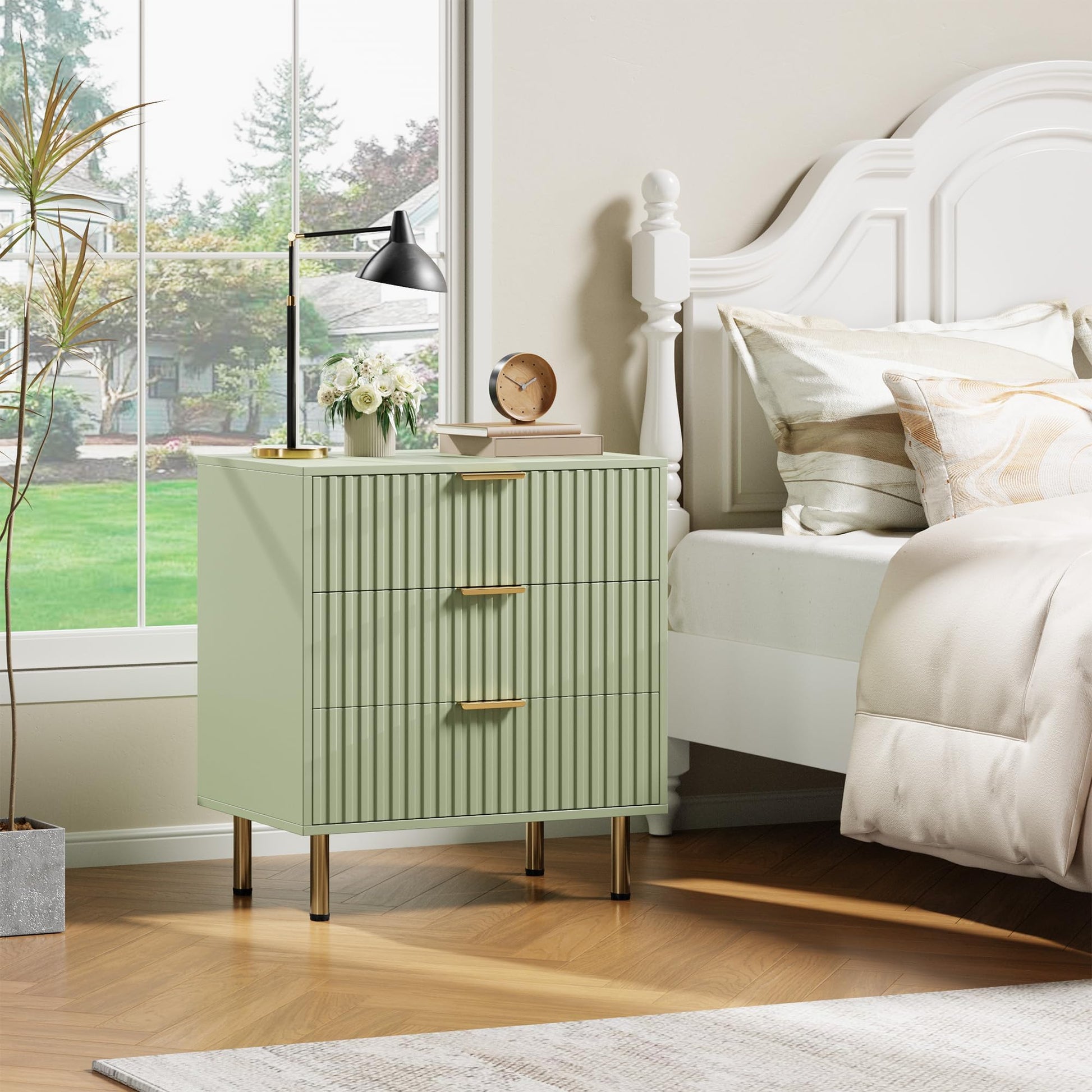 Commode Garvee verte à 3 tiroirs, en bois cannelé moderne, pour chambre et salon, imperméable, sûre et écologique.
