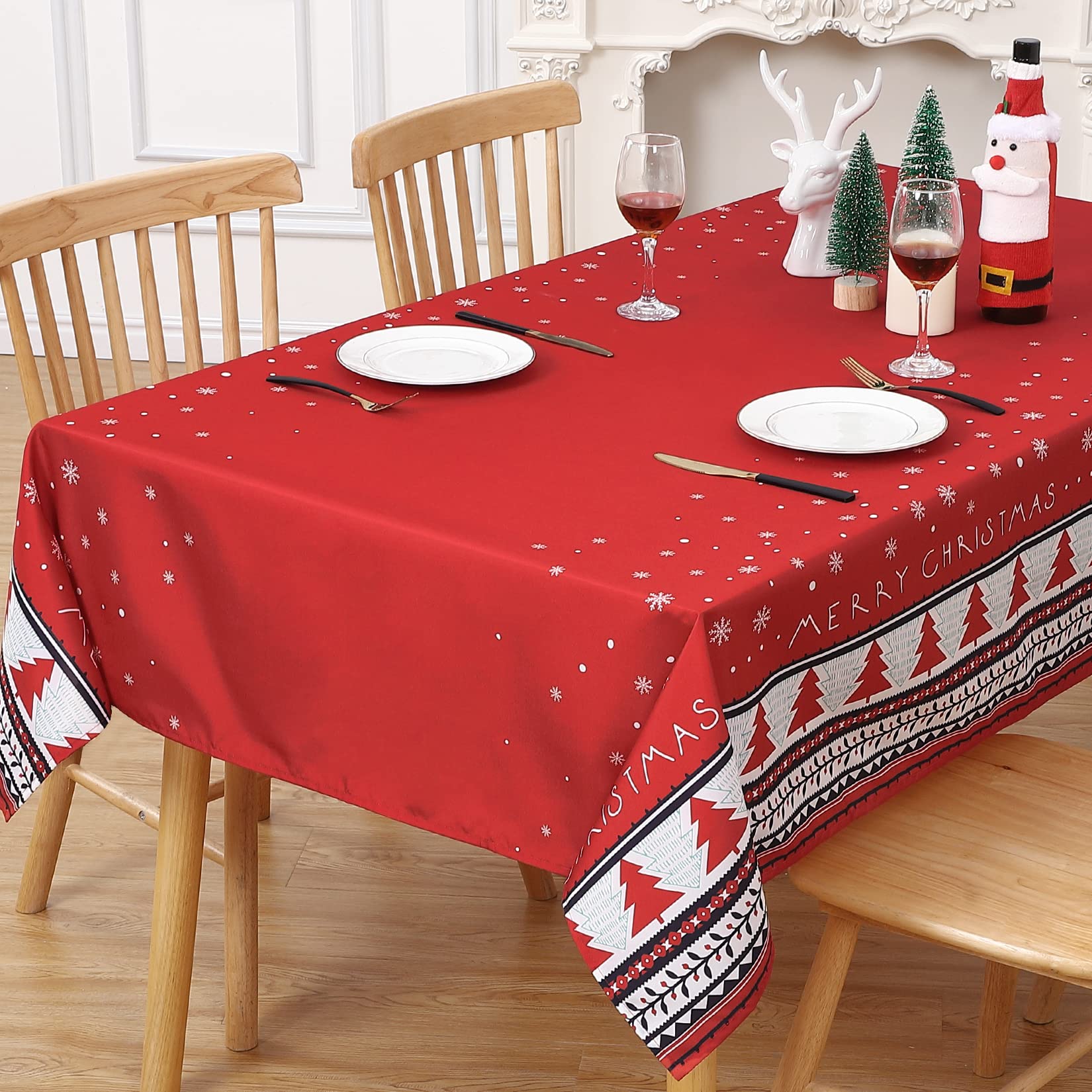 Nappe de Noël Garvee, rouge, en toile cirée imperméable avec sapin de Noël, rectangulaire, 137 x 229 cm