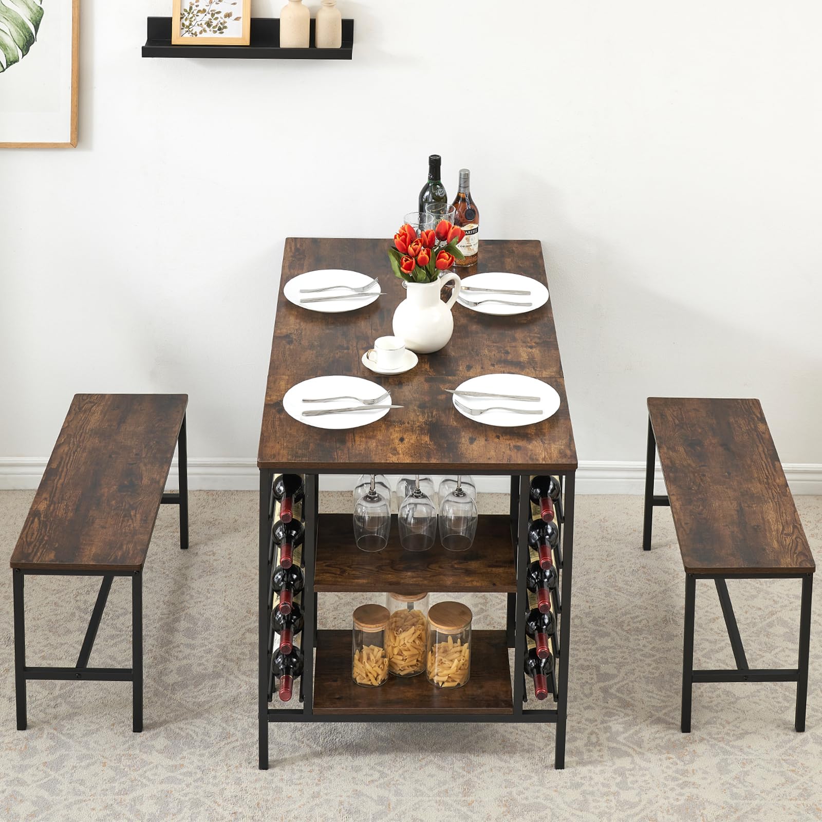Ensemble table et chaises Garvee pour 4 personnes avec casier à vin et rangement, structure robuste en métal et bois, gain de place, forme rectangulaire, idéal pour les petites pièces