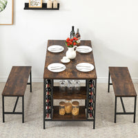 Ensemble table et chaises Garvee pour 4 personnes avec casier à vin et rangement, structure robuste en métal et bois, gain de place, forme rectangulaire, idéal pour les petites pièces