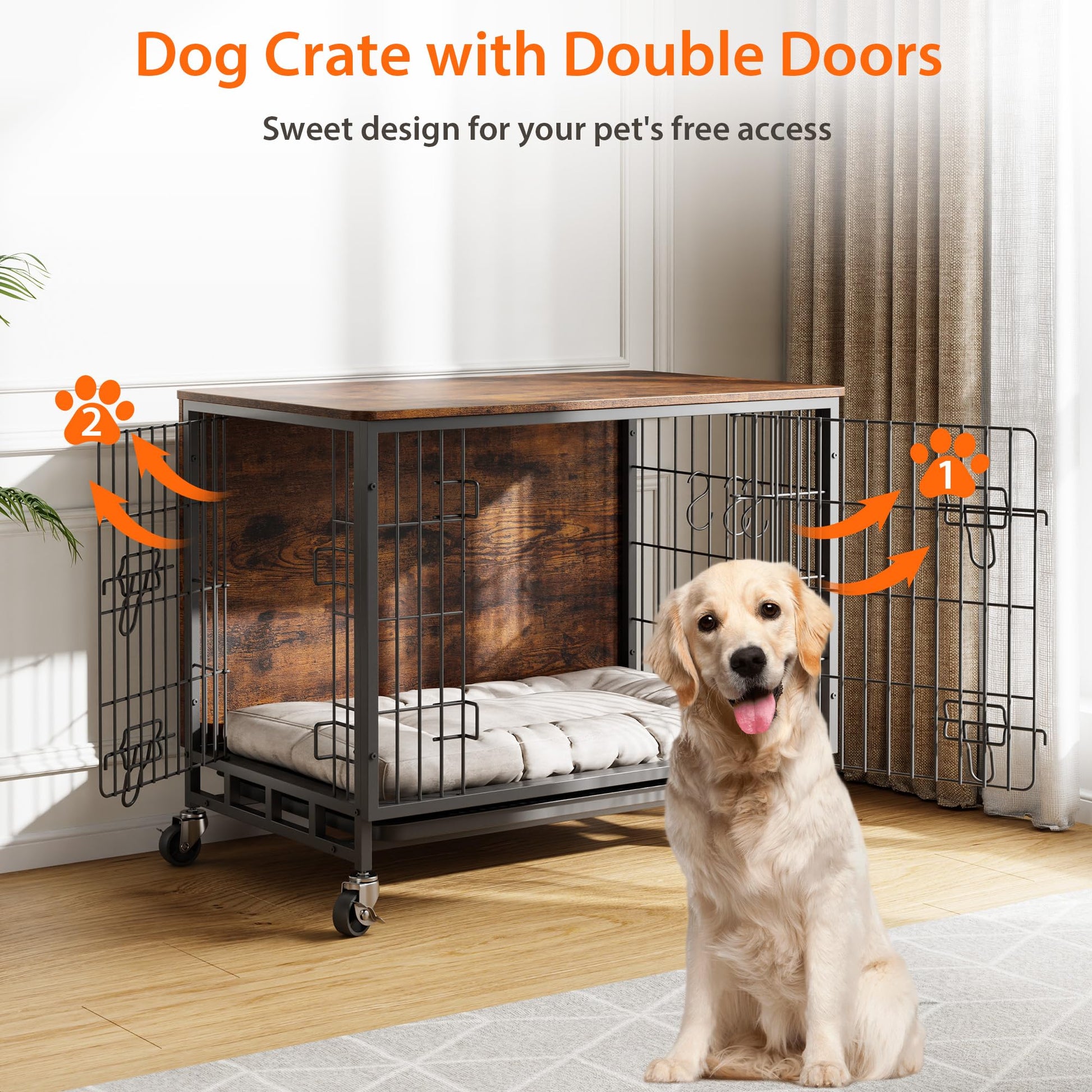 Meuble de cage pour chien Garvee 98 cm (38,6 po) en bois avec roulettes et double porte pour grands chiens d'intérieur, stable, mobile, antidérapant, en bois aggloméré