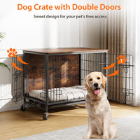 Meuble de cage pour chien Garvee 98 cm (38,6 po) en bois avec roulettes et double porte pour grands chiens d'intérieur, stable, mobile, antidérapant, en bois aggloméré