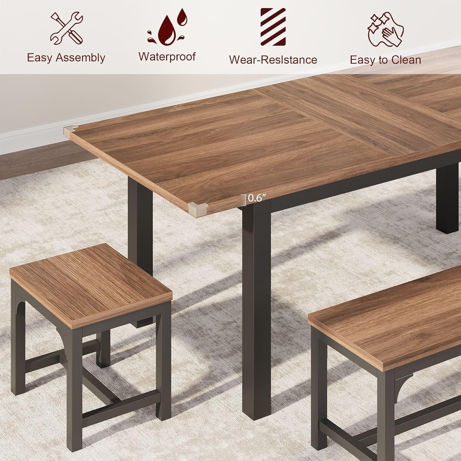 Ensemble table et chaises extensibles Garvee pour 6 à 8 personnes, structure en métal et plateau en MDF, 160 cm (63 pouces), noir industriel, idéal pour la cuisine et la salle à manger.