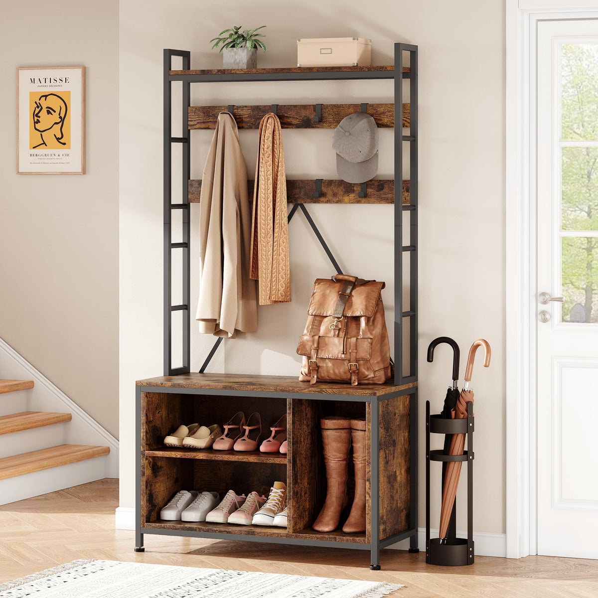 Garvee Porte-manteau avec banc et penderie 5 en 1, pour l'entrée et le vestibule, en bois rustique et ajustable