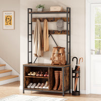 Garvee Porte-manteau avec banc et penderie 5 en 1, pour l'entrée et le vestibule, en bois rustique et ajustable