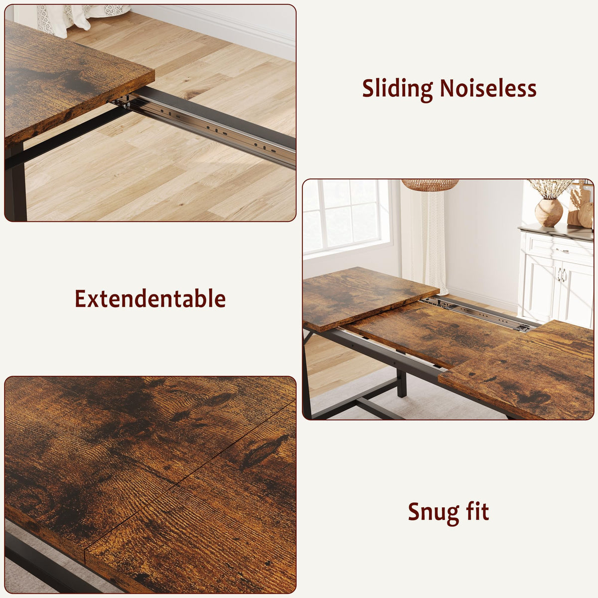 Ensemble table et chaises extensibles Garvee pour 4 à 6 personnes avec protections d'angle et banquettes rembourrées, structure en MDF, piètement en H robuste, gain de place, idéal pour les petites pièces, noir