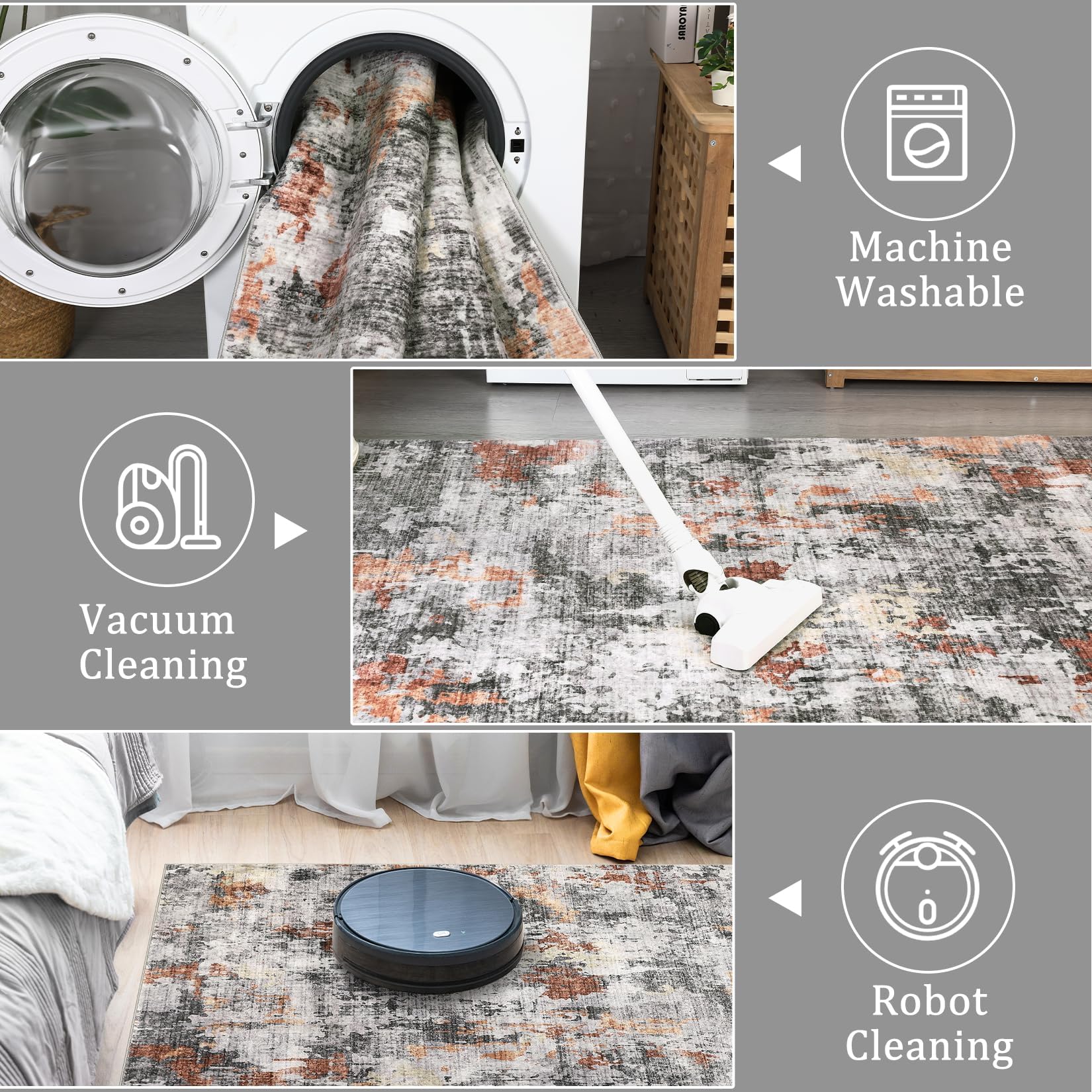 Tapis lavable Garvee Easy-Care gris-orange 160 x 230 cm pour salon, chambre, salle à manger, couloir, cuisine. Antidérapant, doux et pliable.