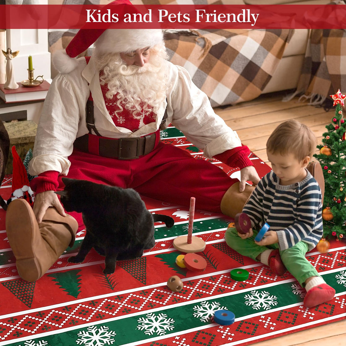 Tapis de Noël antidérapant Garvee Områdesmatta, grand format, en microfibre douce et lavable, 80 x 150 cm, motif flocons de neige et élans, pour salon ou chambre.