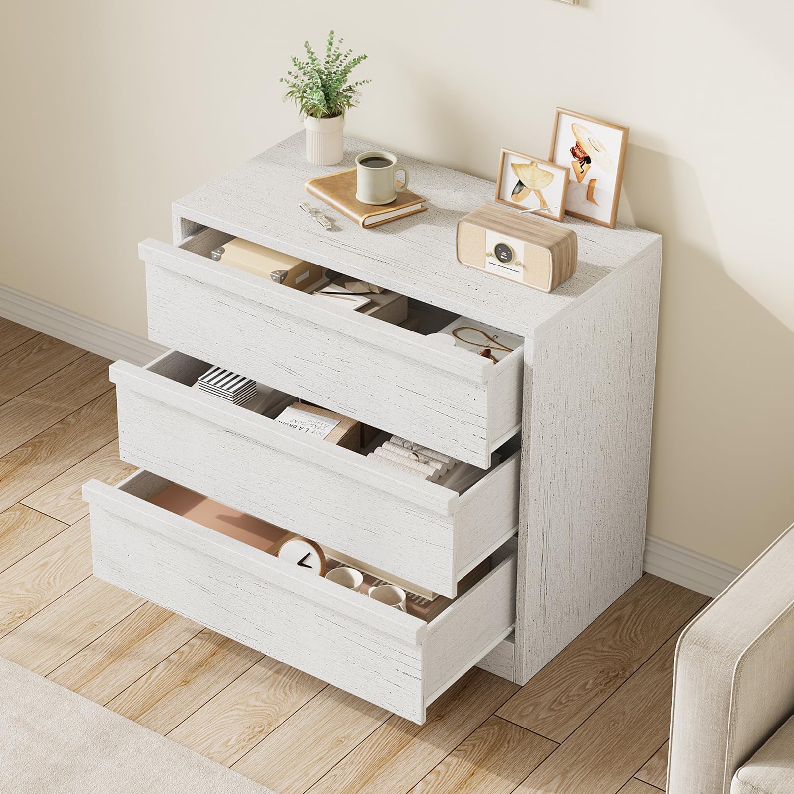 Commode Garvee à 3 tiroirs, blanche, avec un grand espace de rangement pour la chambre, le salon ou la chambre d'enfant, design moderne, bois, protection anti-basculement, polyvalente, 75 cm x 40 cm x 77,5 cm