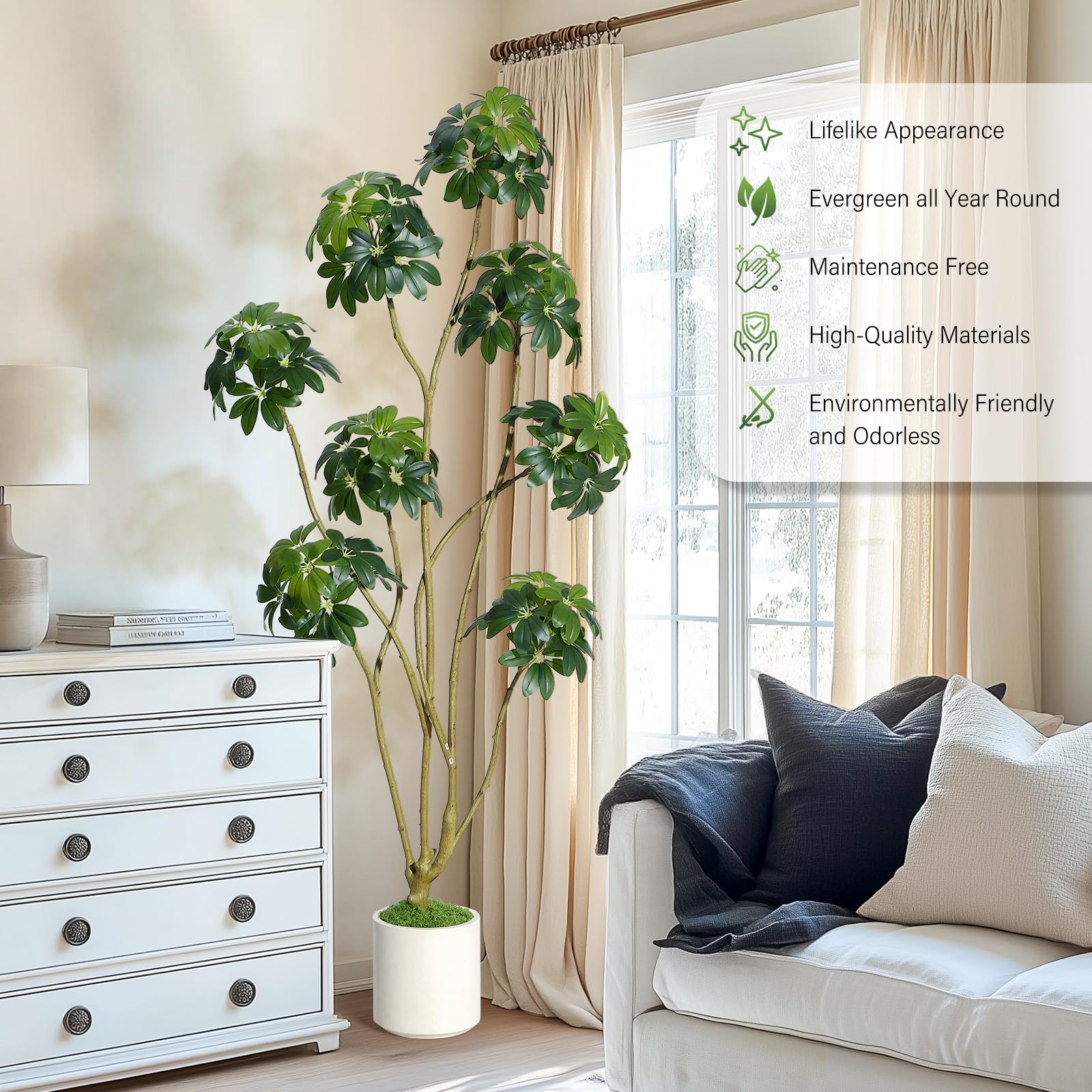 Arbre parasol artificiel Garvee de 1,83 m (6 pi) de haut, plusieurs tiges, pot en PE blanc, pour la décoration de la maison et du bureau, 178 x 70 cm (70 x 27,5 po).