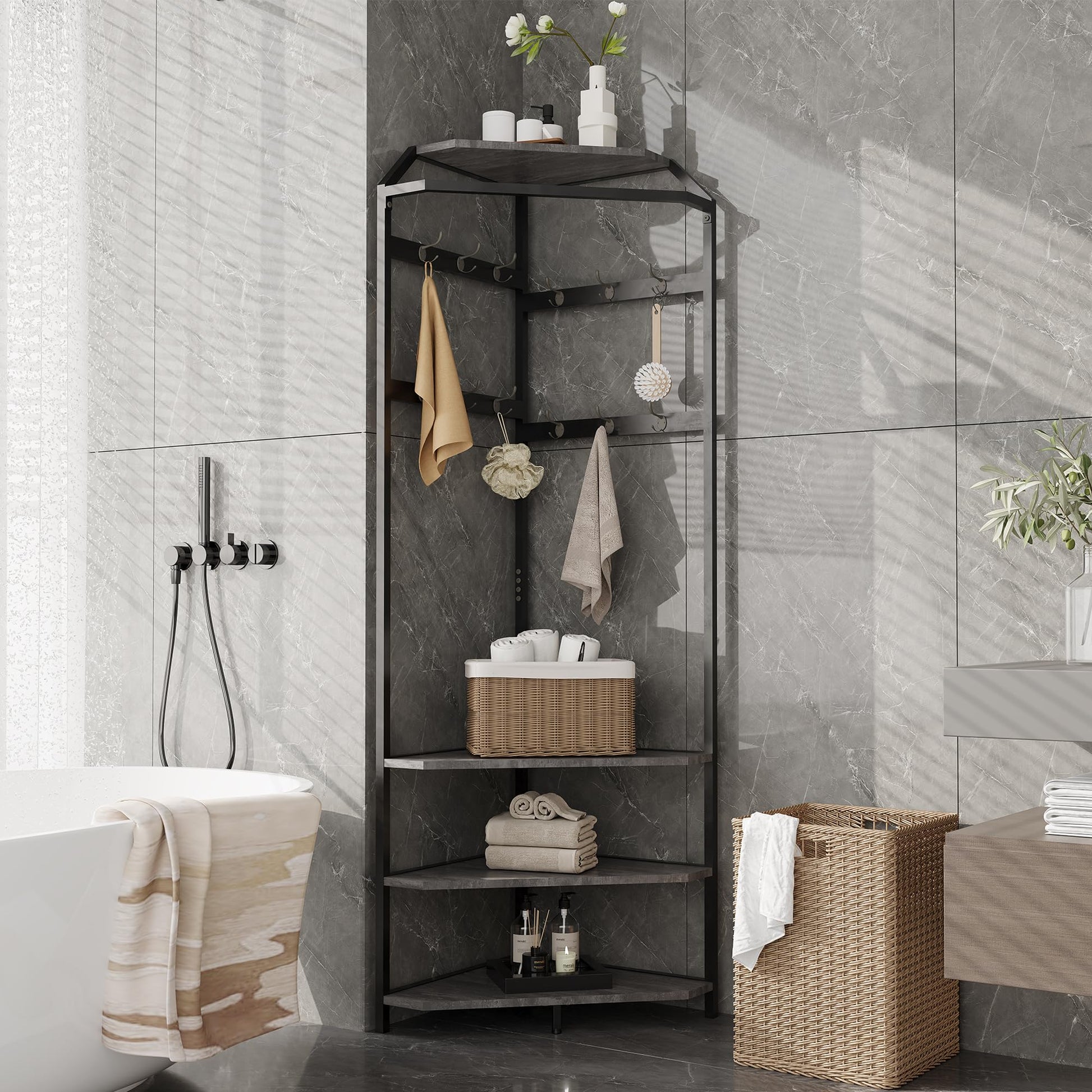Armoire d'angle Garvee avec banc à chaussures et 12 crochets doubles pour entrée et couloir, en bois, gain de place, robuste et fonctionnelle.