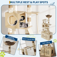 Arbre à chat Garvee 170 cm avec bac à litière et station de gamelle, grand griffoir pour salon, coussins lavables, beige
