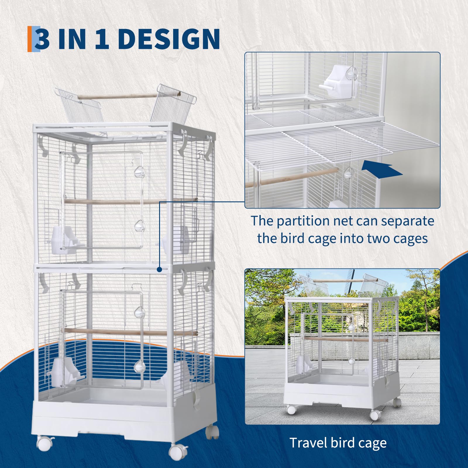 Cage à oiseaux Garvee pour petites perruches, 101,6 cm (40 po), avec roulettes, 3 en 1, pour la maison et les voyages, structure en acier, filet amovible