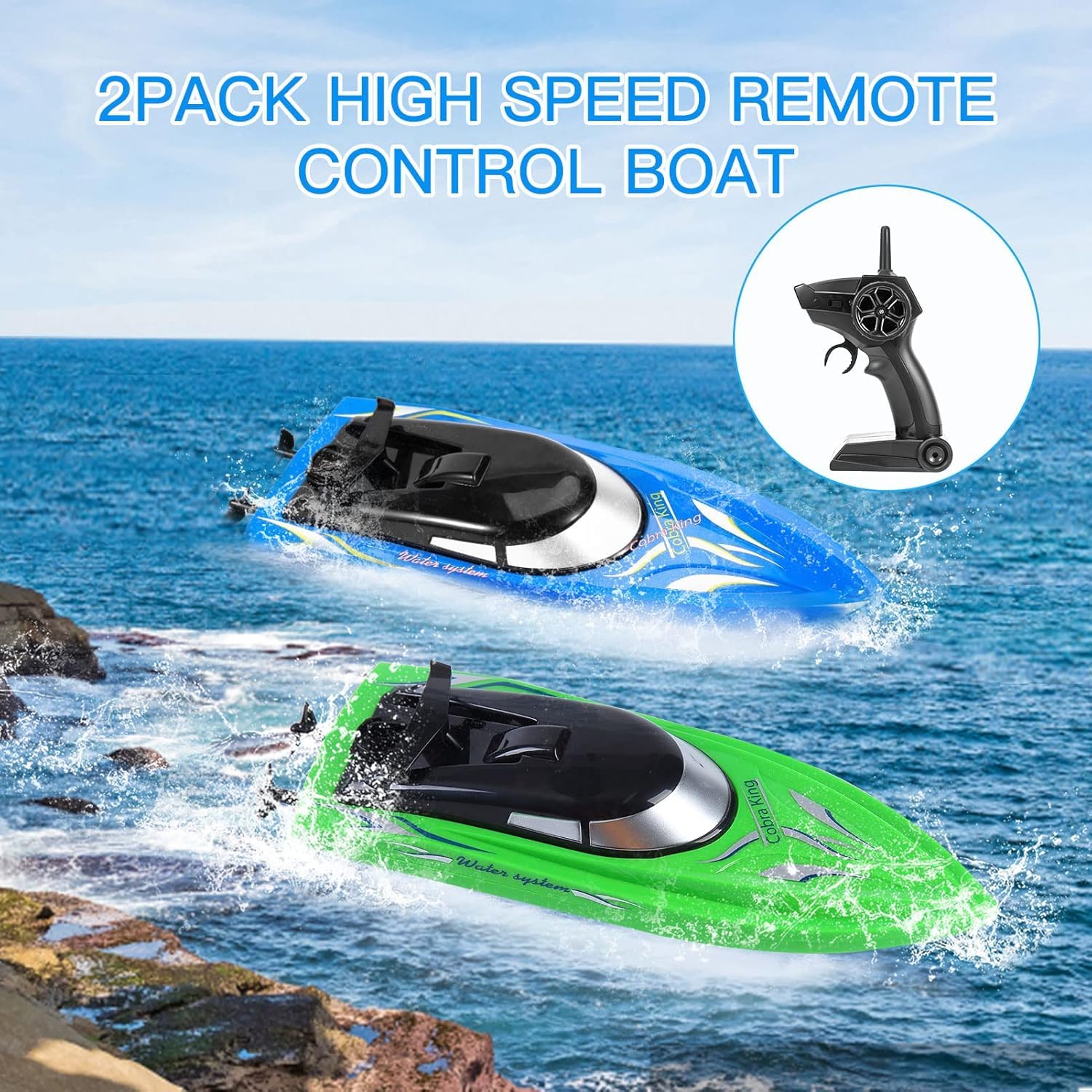 Bateau radiocommandé Garvee (lot de 2) - Vitesse élevée (10 km/h), télécommande 2,4 GHz, plastique ABS, idéal pour piscines et lacs, 4 batteries incluses, chargement USB.