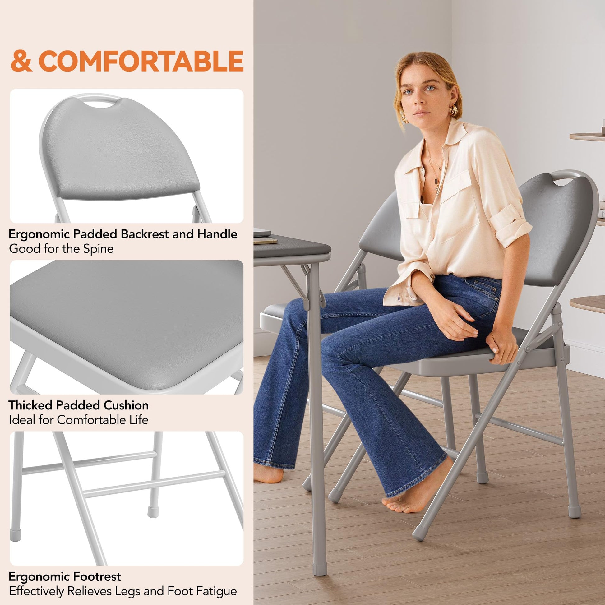 Ensemble de 4 chaises pliantes Garvee avec rembourrage épais en PU, pieds en métal et patins antidérapants, pour le bureau et les événements, grises, ergonomiques et empilables.