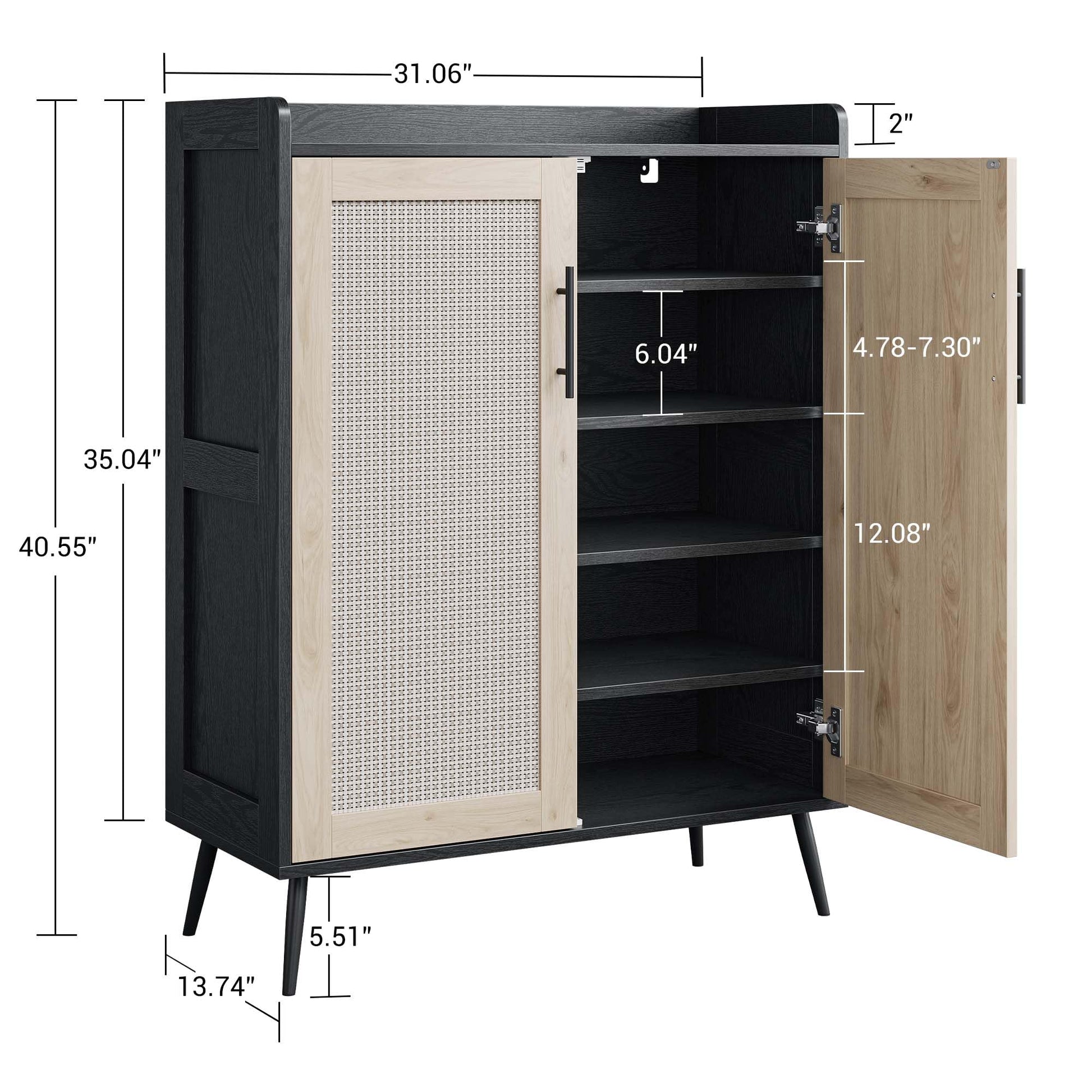 Meuble à chaussures Garvee en rotin, 5 niveaux avec portes, étagères réglables, pieds en métal, noir, pour entrée et salon, grand format, robuste