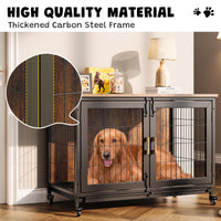 Niche pour chien Garvee de 95 cm (37,5 pouces) avec roulettes, fond grillagé, plateau amovible pour chiens de petite et moyenne taille, style ferme d'intérieur, aspect bois, structure en acier robuste.