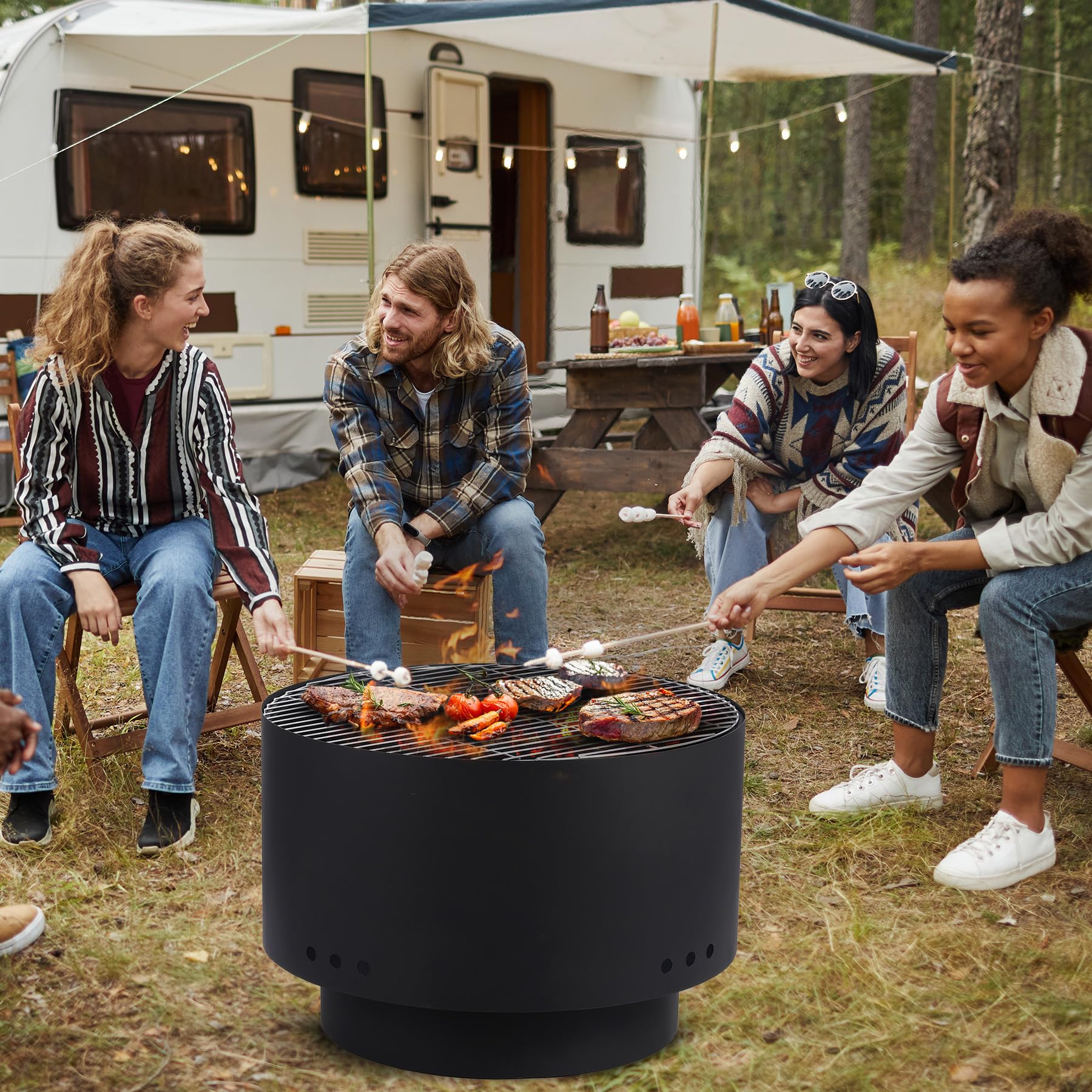 Foyer extérieur sans fumée Garvee de 66 cm (26 pouces) avec grille, pare-étincelles, acier robuste pour le jardin et le camping, portable et avec housse.