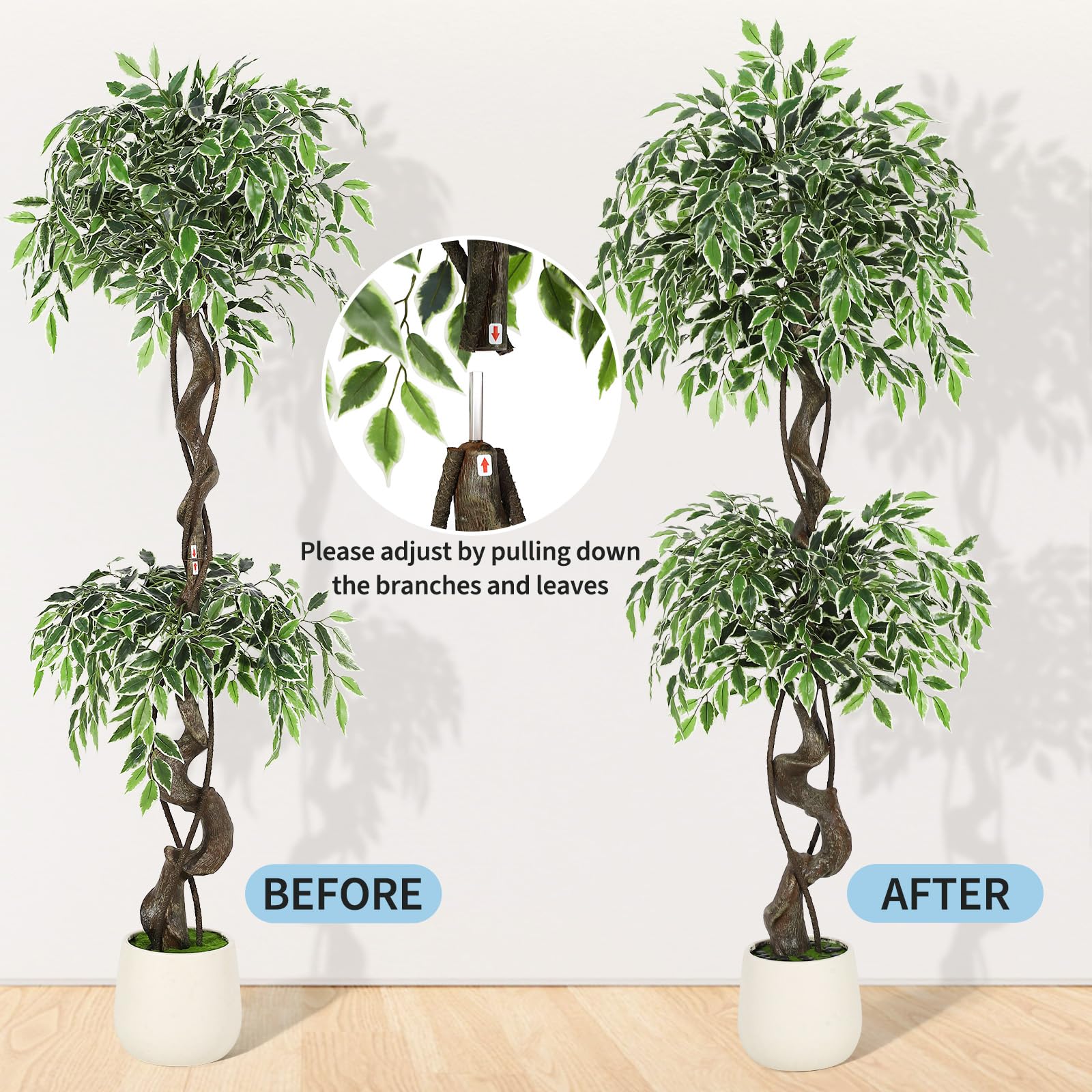 Garvee Ficus artificiel panaché blanc 150 cm en PE durable, plante réaliste pour décoration intérieure et extérieure