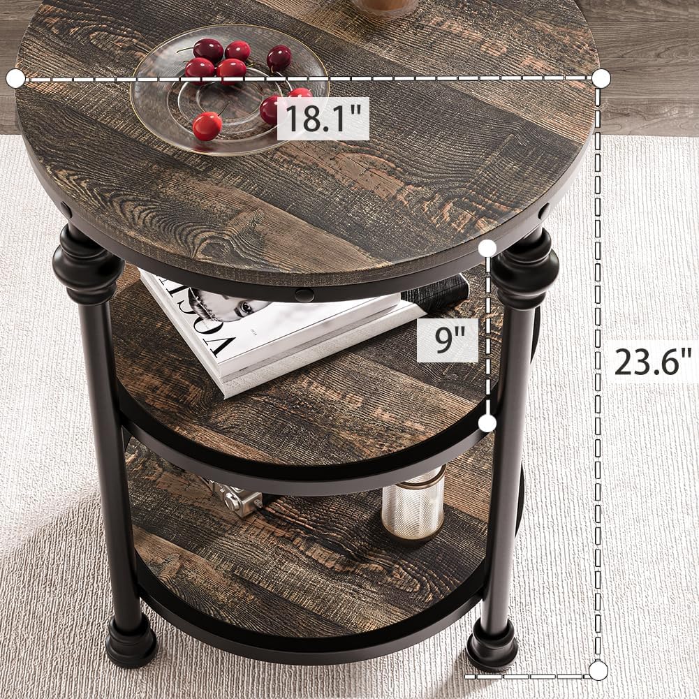 Garvee table d'appoint ronde à 3 étagères, structure en acier, chêne foncé, idéale pour le salon et la chambre, 46 × 46 × 60 cm, résistante et anti-rayures