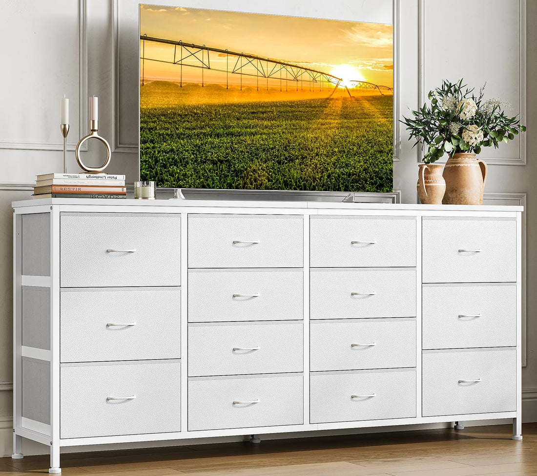 Meuble TV Garvee blanc 63 pouces avec 14 tiroirs, prises électriques, pour chambre et salon, en tissu et bois, durable et anti-basculement