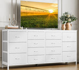 Garvee Meuble TV blanc 160 cm avec 14 tiroirs, prises électriques, pour chambre et salon, en tissu et bois, durable et anti-basculement - blanc