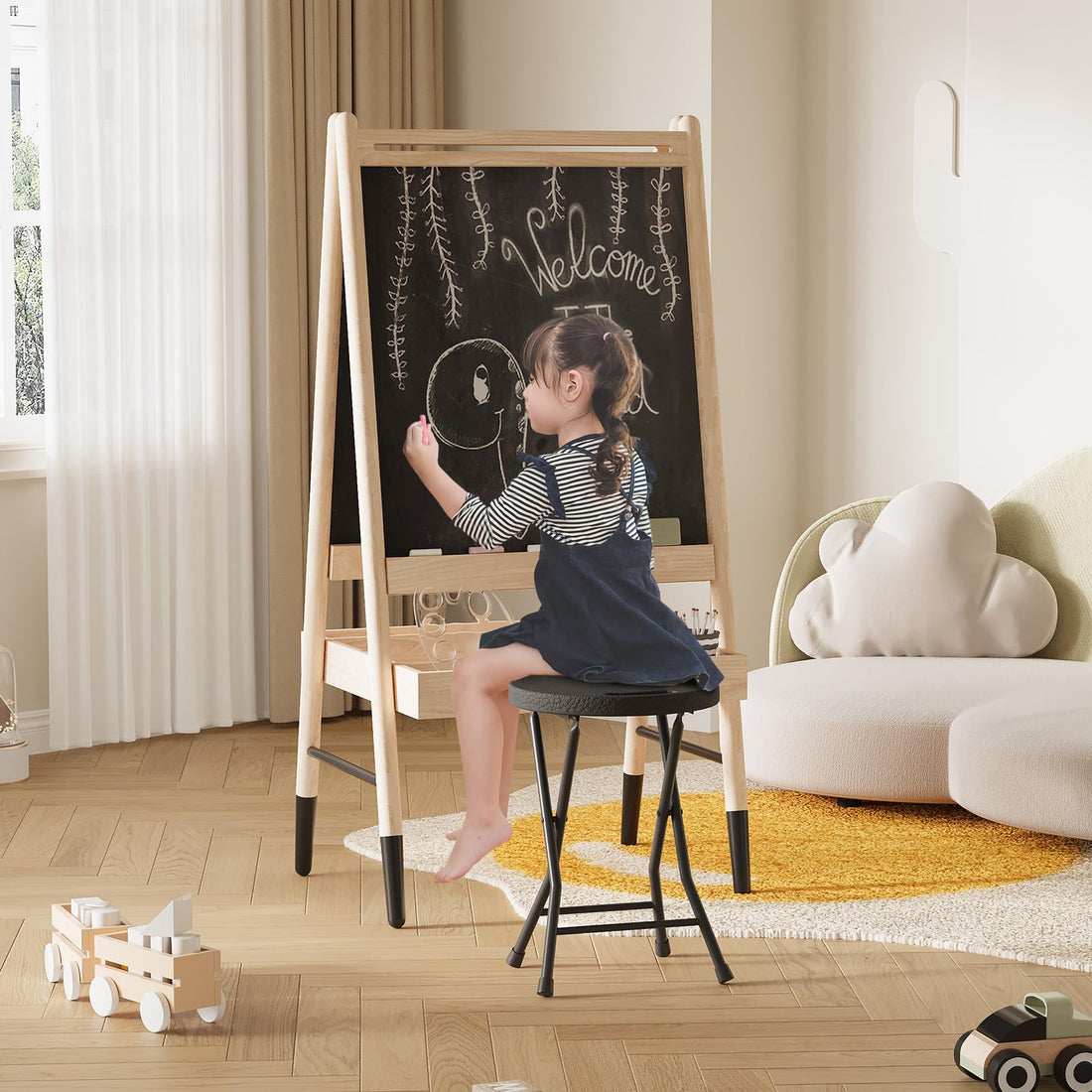 Tabouret pliant Garvee avec poignée, portable, capacité de charge de 272 kg, pieds antidérapants, structure en acier pour le camping et la cuisine, léger et pliable, noir