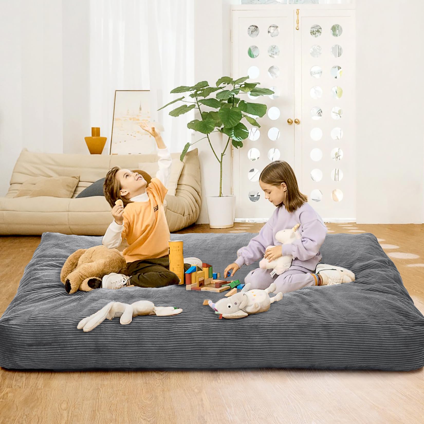 Pouf géant Garvee pour adultes, convertible en lit pouf 2 en 1, housse en velours côtelé lavable, gris clair, pour salon et chambre.