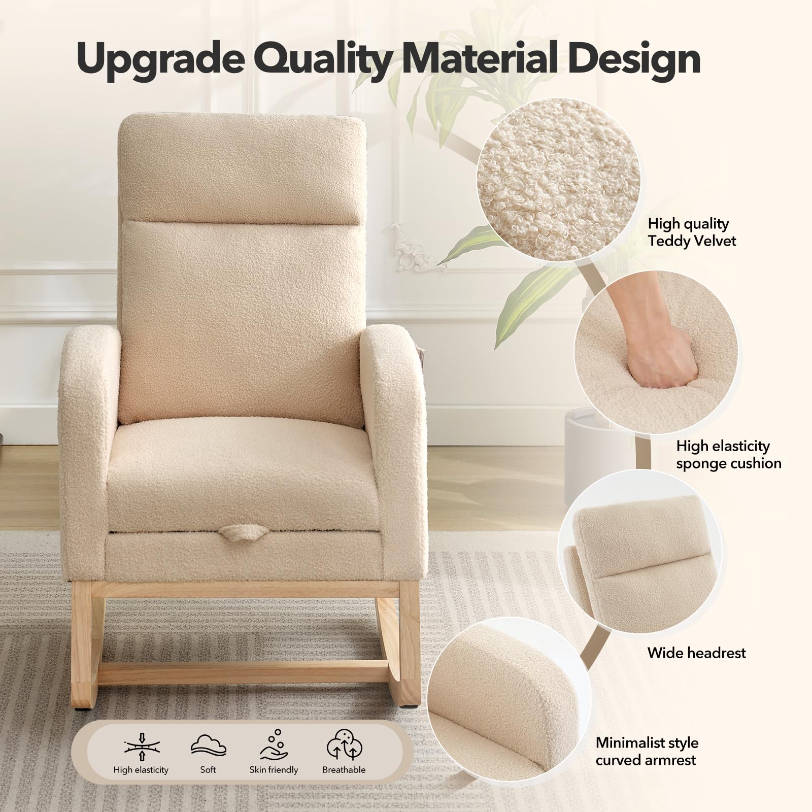 Fauteuil à bascule Garvee pour chambre d'enfant avec repose-pieds, tissu à motifs peluche, ergonomique, structure en bois robuste, salon et chambre, multicolore