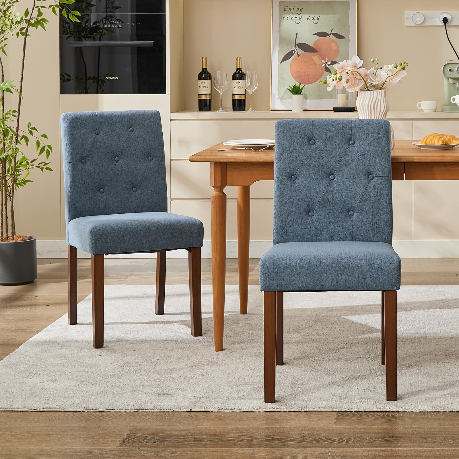 Chaises de salle à manger Garvee Parsons, lot de 2, rembourrées, ergonomiques, en lin, en bois d'hévéa, bleues, pour la cuisine et le salon
