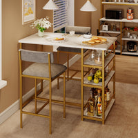 Garvee Table de bar + 2 tabourets hauts rembourrés, 3 étagères, métal/marbre doré, velours gris, 91,4x50x91,4 cm. Idéal pour appartement ou cuisine.