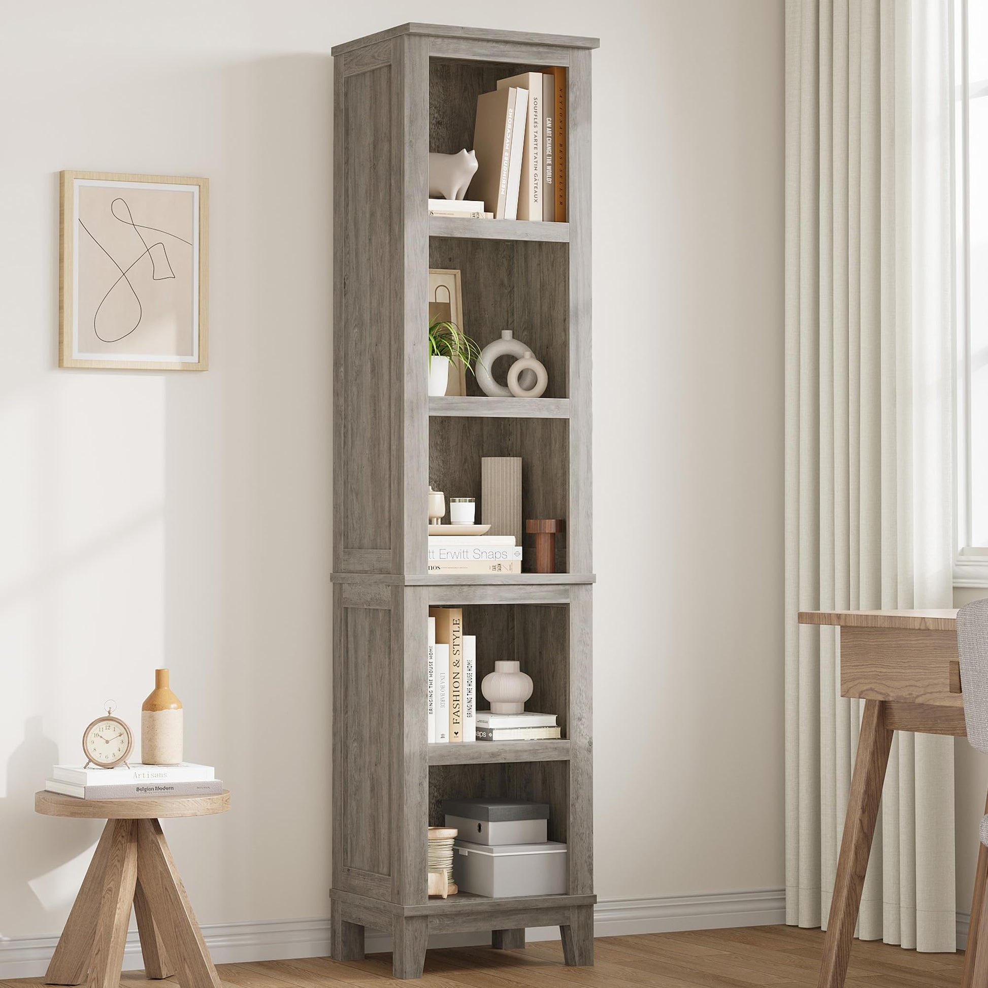 Bibliothèque étroite Garvee à 5 niveaux avec étagères réglables, idéale pour le salon et le bureau, hauteur 180 cm, grise, pieds en bois, structure robuste en MDF.