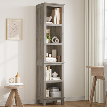 Bibliothèque étroite Garvee à 5 niveaux avec étagères réglables, idéale pour le salon et le bureau, hauteur 180 cm, grise, pieds en bois, structure robuste en MDF.