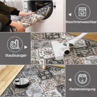 Tapis Garvee petit format 80x150cm, style vintage, idéal pour l'entrée, la chambre ou la cuisine. Gris et marron, antidérapant et lavable.