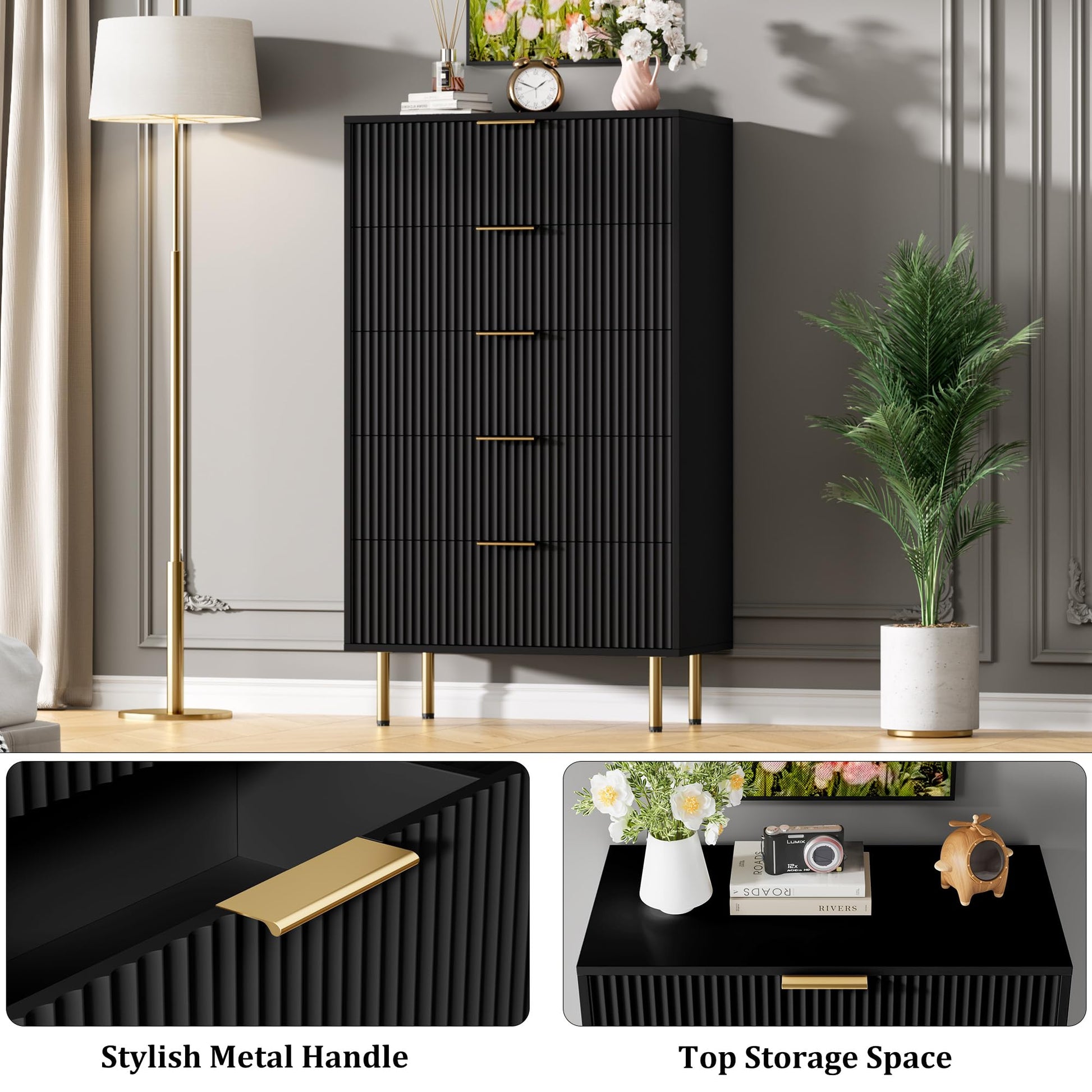 Garvee commode moderne à 5 tiroirs avec panneau cannelé, bois MDF, poignées en métal, pour chambre et couloir, 66 × 33 × 12 cm, noir