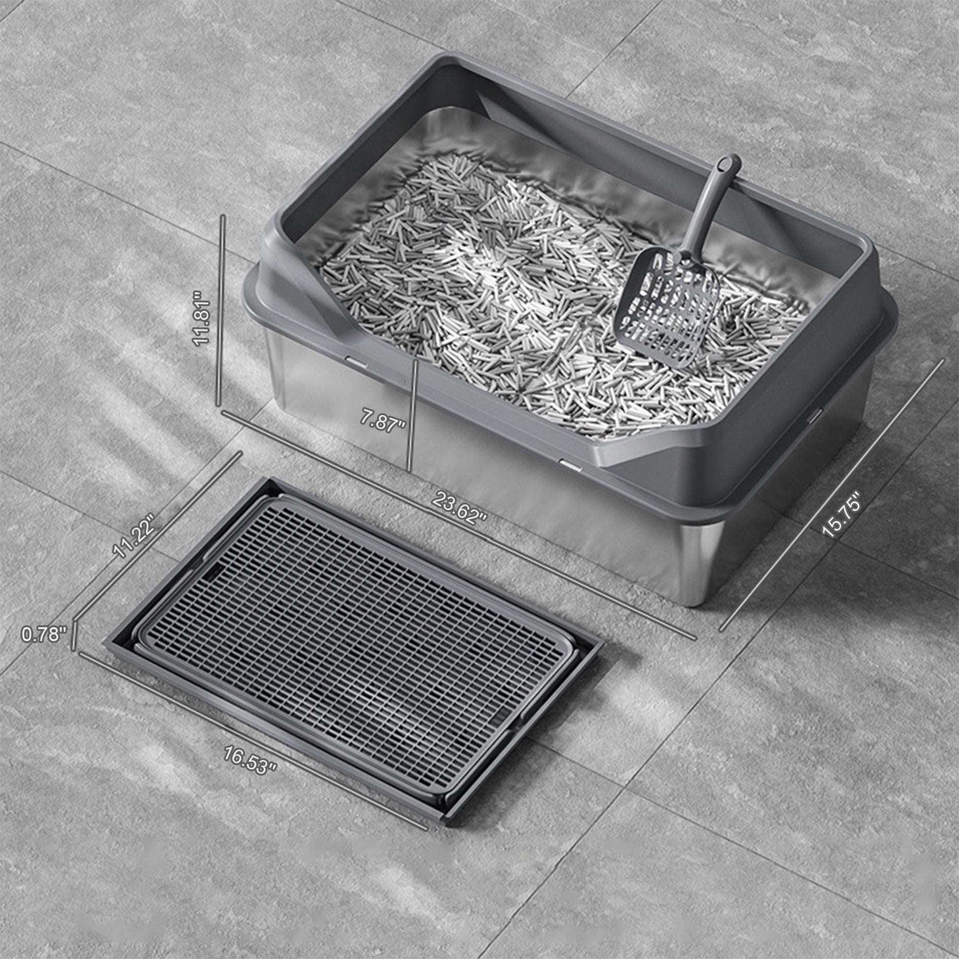 Bac à litière Garvee XL en acier inoxydable avec couvercle, profondeur 20 cm, antirouille, avec pelle à tamis, double tapis de litière, gris foncé, pour grands chats